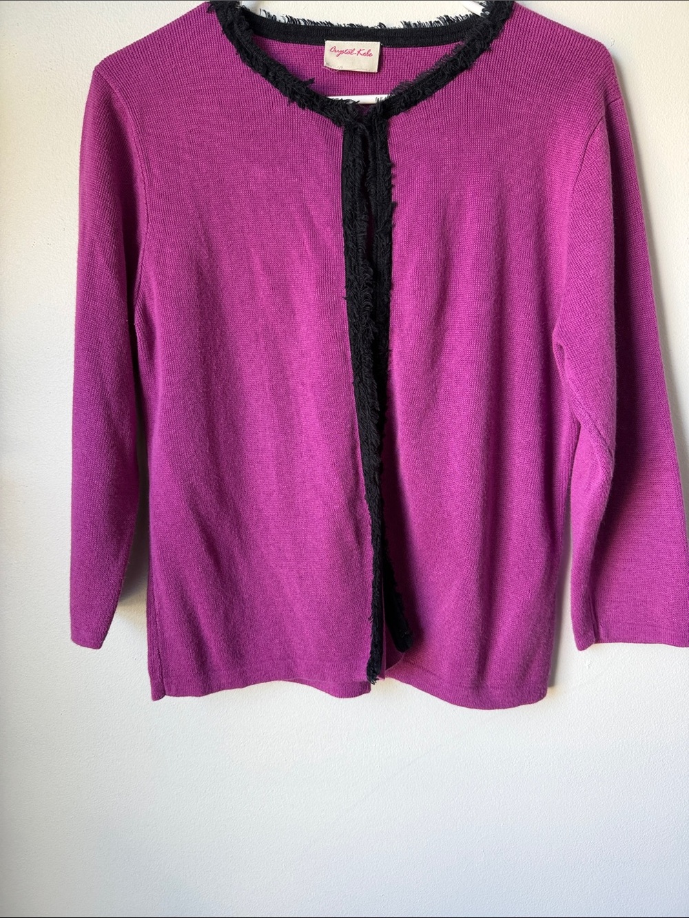 Crystal Kobe Magenta Open-Front Cardigan with Black Fringe Trim SZ M